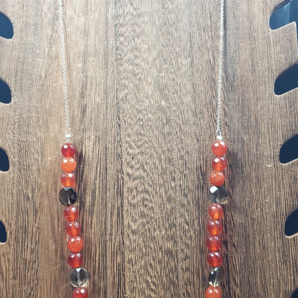 Hangs 15 Inches Slip On Sterling Silver Moss Agate And Smoky Quartz Stone Neckla - Picture 2 of 7